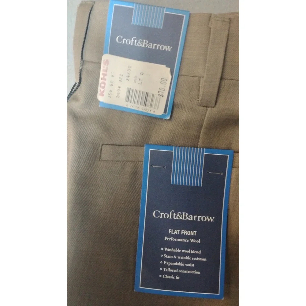 Croft‎ & Barrow Flat Front Performance Dress Pants Khaki Tan 34x30